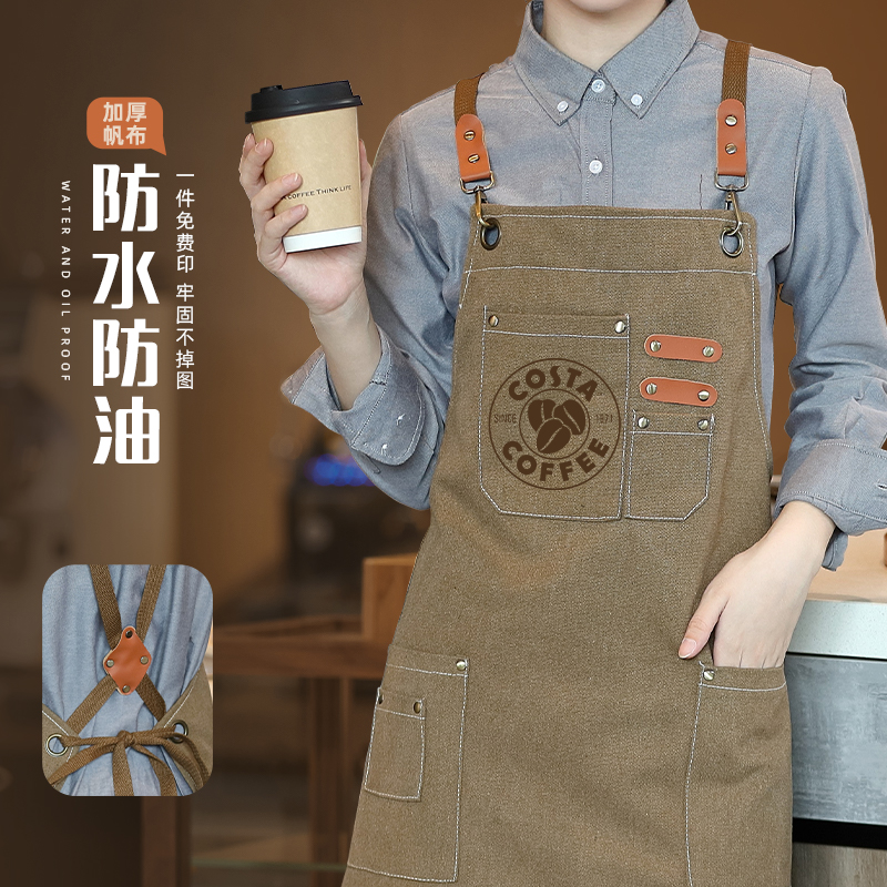 加厚帆布围裙定 制logo印字餐饮防水咖啡店西点师工作服女耐磨