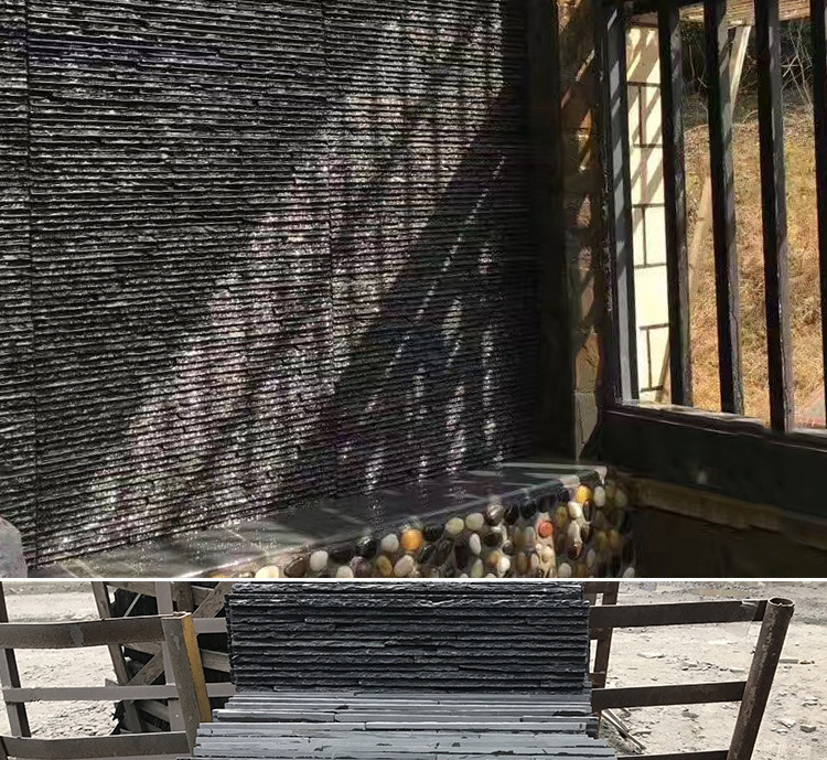 天然黑色流水石文化石酒店背景墙别墅水幕墙庭院水池波浪纹外墙砖