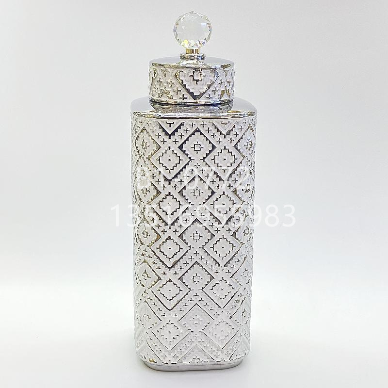 European-Style Gold-Plated Silver Ceramic Pot Plaid Vase Crystal Light Luxury Crafts Soft Decoration Ornaments Golden Castle Vase