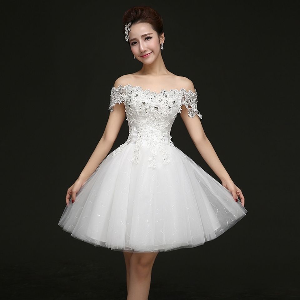 法式轻婚纱新娘结婚短款敬酒服一字肩蓬蓬裙甜美连衣裙伴娘礼服女