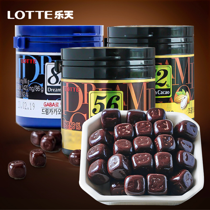 韩国乐天巧克力72%醇黑巧克力豆56%脆米罐装零食下午茶休闲巧克力