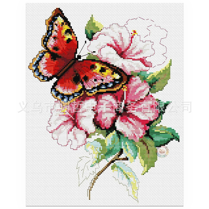 跨境新款十字绣蝴蝶花草线绣客厅竖版装饰画diy刺绣套件一件代发