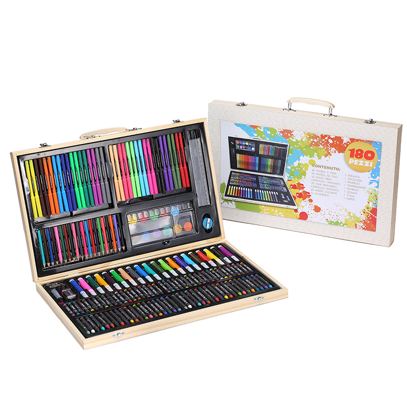 TCH-1802258 Children's Drawing Tools 180 Pieces Wooden Box Brush Set Primary School Student Art Watercolor Pen