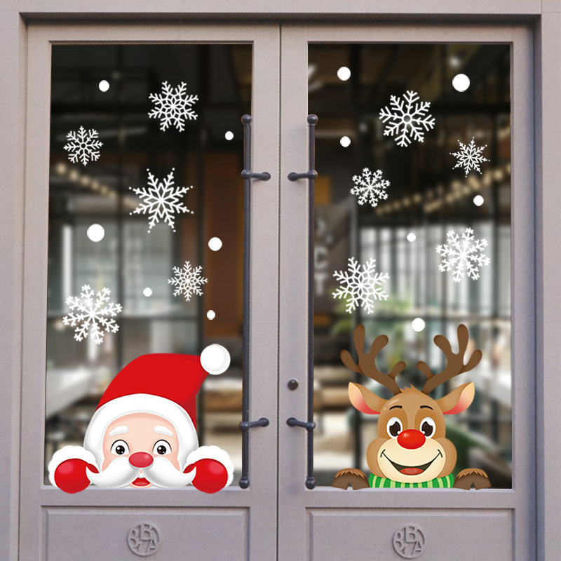 圣诞装饰玻璃橱窗户布置圣诞贴纸圣诞老人麋鹿趴窗贴画雪花静电贴