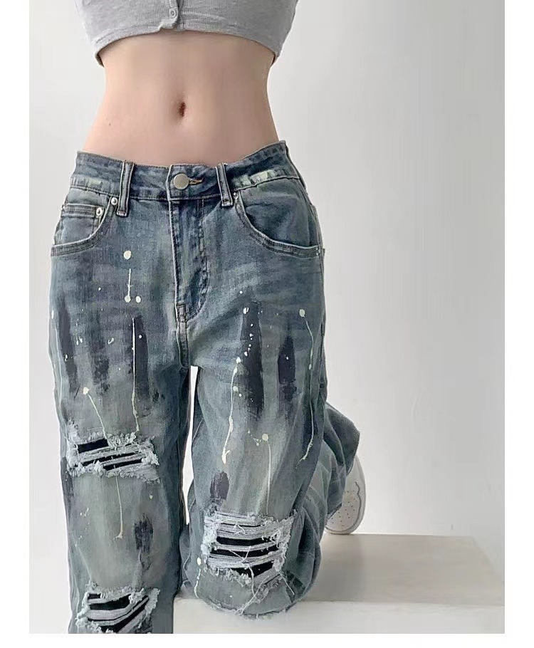 Hot Girl American Ripped Jeans Women's Spring Straight Loose Slimming Sense of Design Mop Pants High Street Fashion