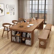 中式实木书桌书架一体双人长条写字桌家用客厅办公桌学习桌工作台