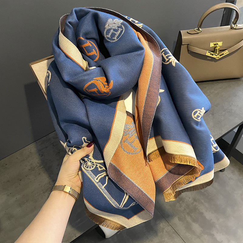 2023 European and American H Horse Autumn and Winter New Artificial Cashmere Scarf Women's Fashionable Stylish All-Matching Warm Shawl Scarf
