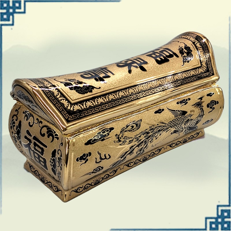 陶瓷镀金棺材捡骨罐骨灰盒大尺寸厂家批发骨灰盅坛寿盒殡葬丧葬品