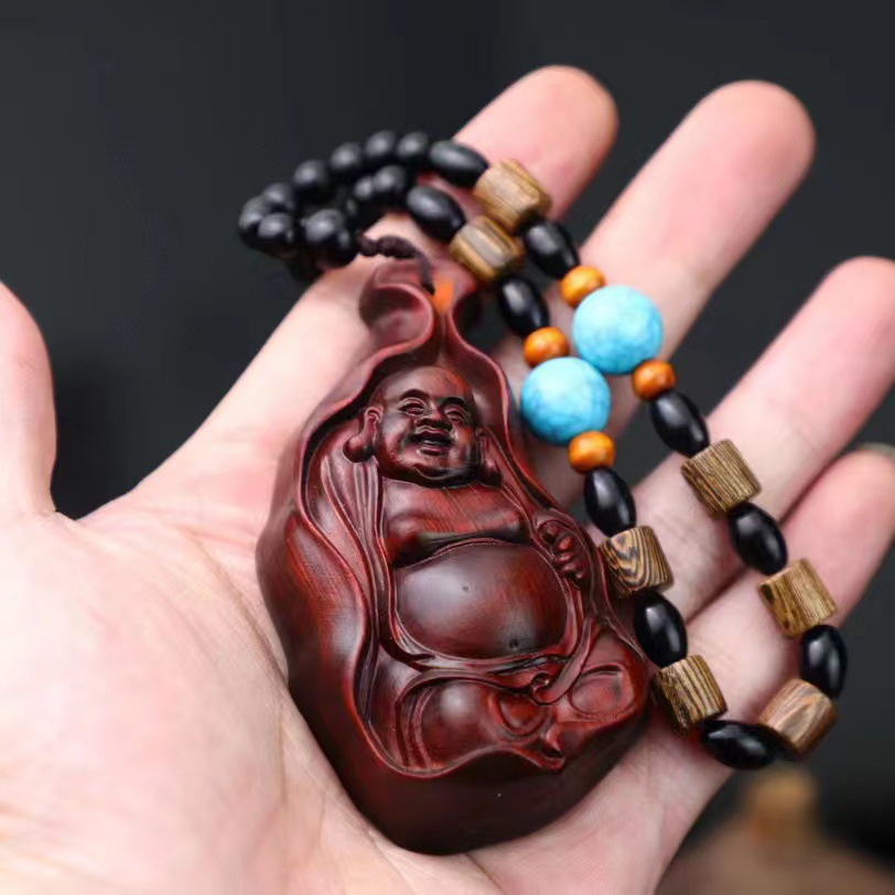 小叶紫檀手把件弥勒佛木雕刻男士随身件汽车挂件饰品一团和气