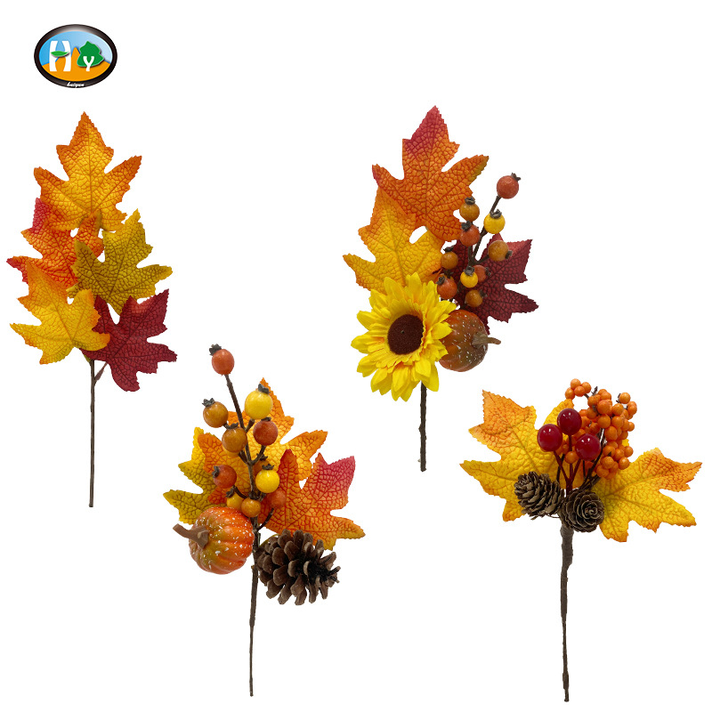 Simulation Maple Leaf Single Amazon Harvest Section Flocking Maple Leaf Pine Cone Berry Autumn Color Decorative Greenery Accessories