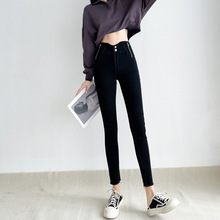 【8607】超高腰小脚牛仔裤女秋季新款黑色两侧拉链显瘦紧身铅笔裤