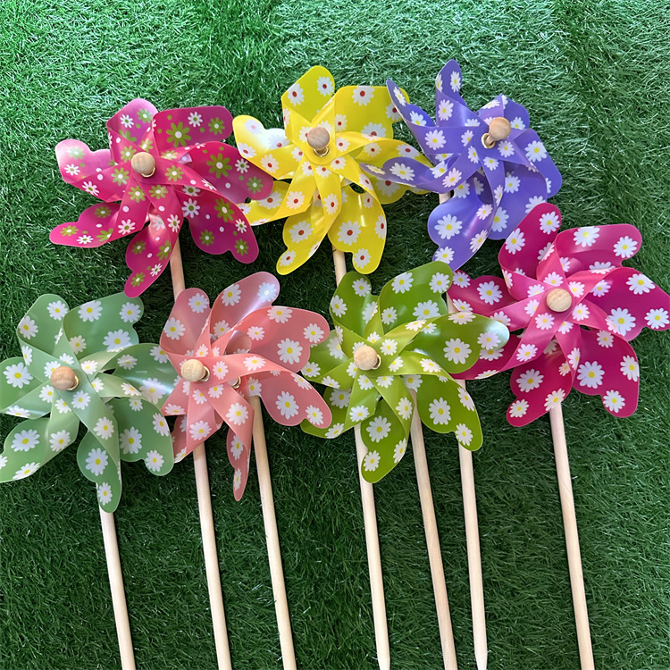 New Factory Direct Sales 18cm Printed Chrysanthemum Wooden Pole Windmill Hand Printed Toy Decoration Activity Little Windmill