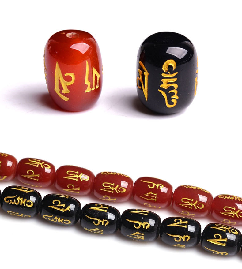 天然红玛瑙烫金六字真言桶珠 黑玛瑙烫金六字散珠 桶珠半成品