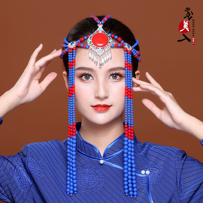 蒙古族头饰女手工串珠珠长款发饰少数民族舞蹈演出蒙古服配饰