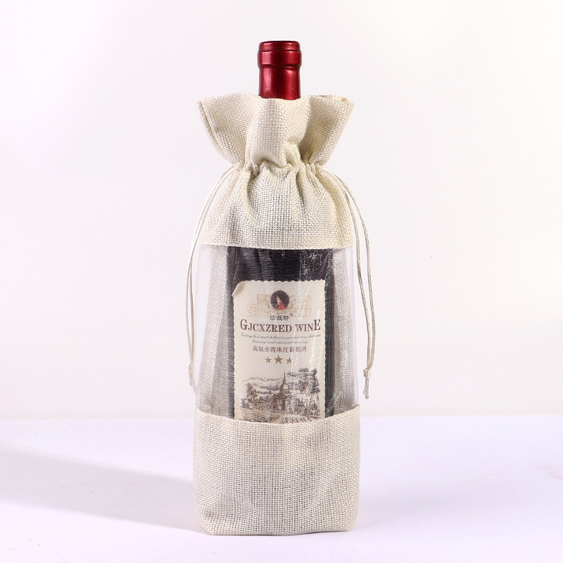 New Window Wine Bottle Bag Drawstring Creative Linen Wine Packaging Bags Burlap Gift Storage Bag Printed Logo