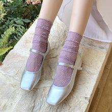 温柔仙女风粉紫色堆堆袜女夏季薄款镂空网眼白色四叶花甜美中筒袜