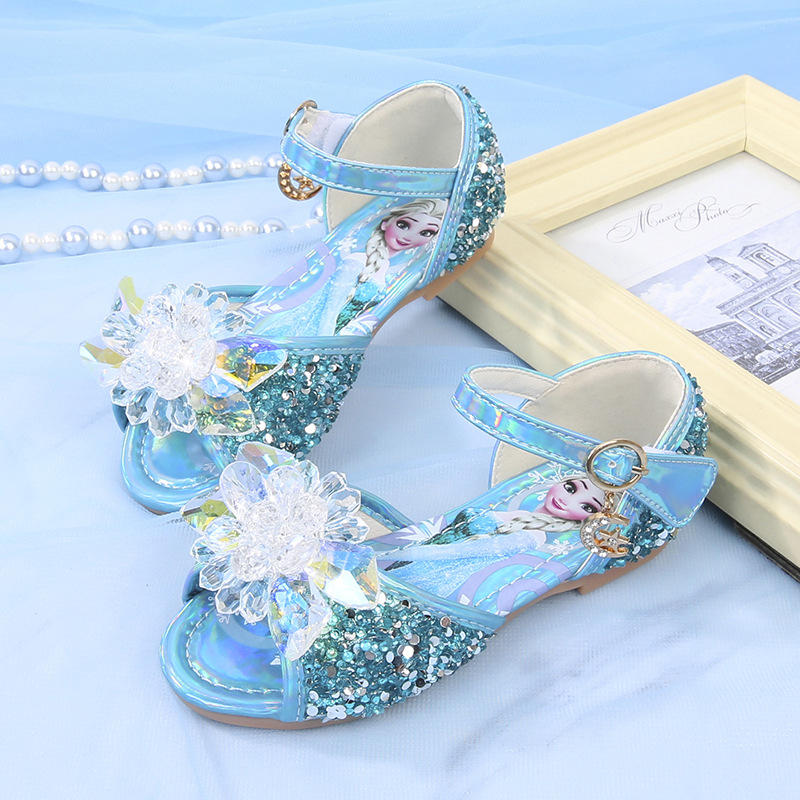 女童爱莎水晶公主凉鞋2022夏季新款一字带平跟软底小女孩儿童鞋潮