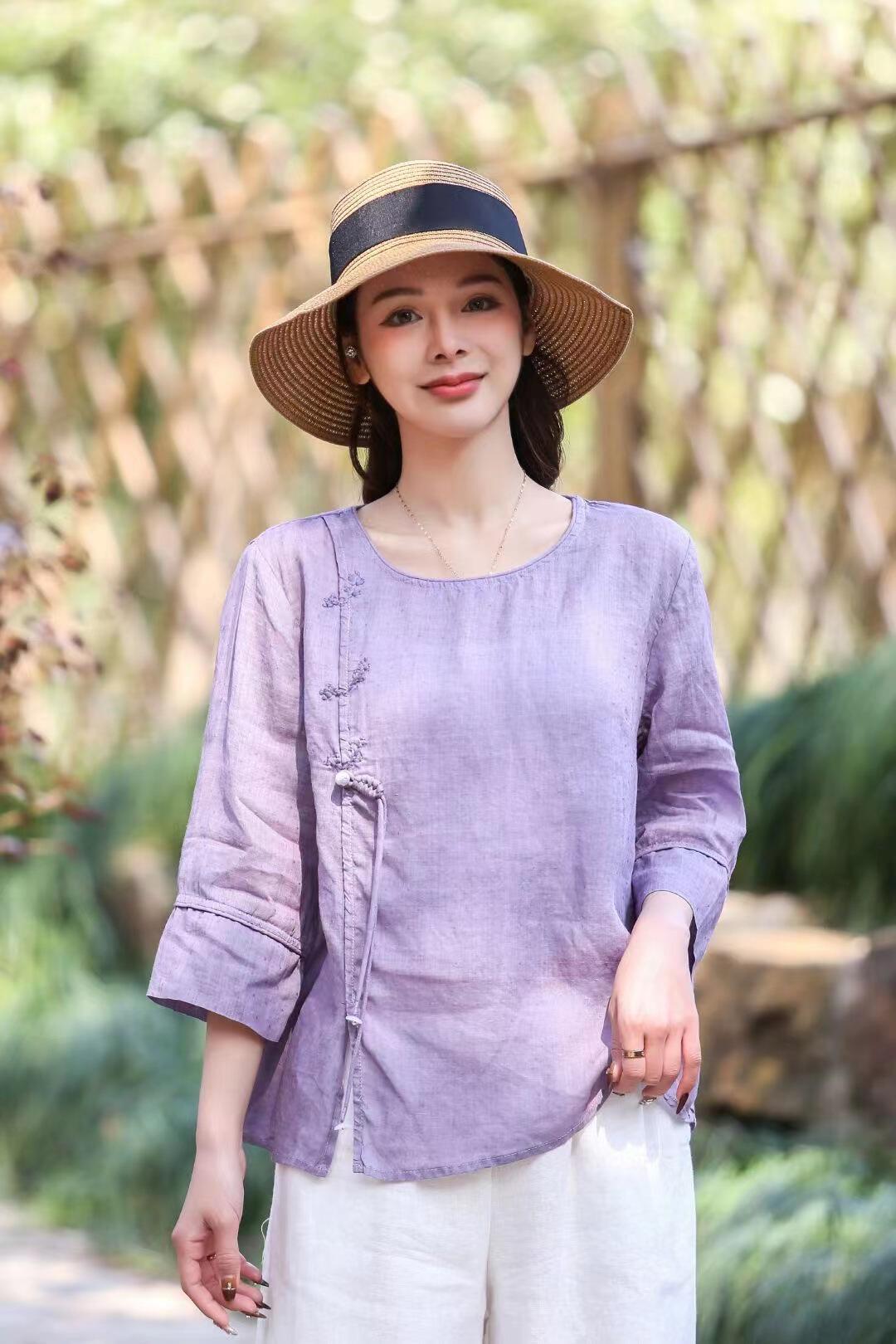 妈妈夏装苎麻上衣新款时尚气质中老年女装洋气七分袖宽松大码t恤