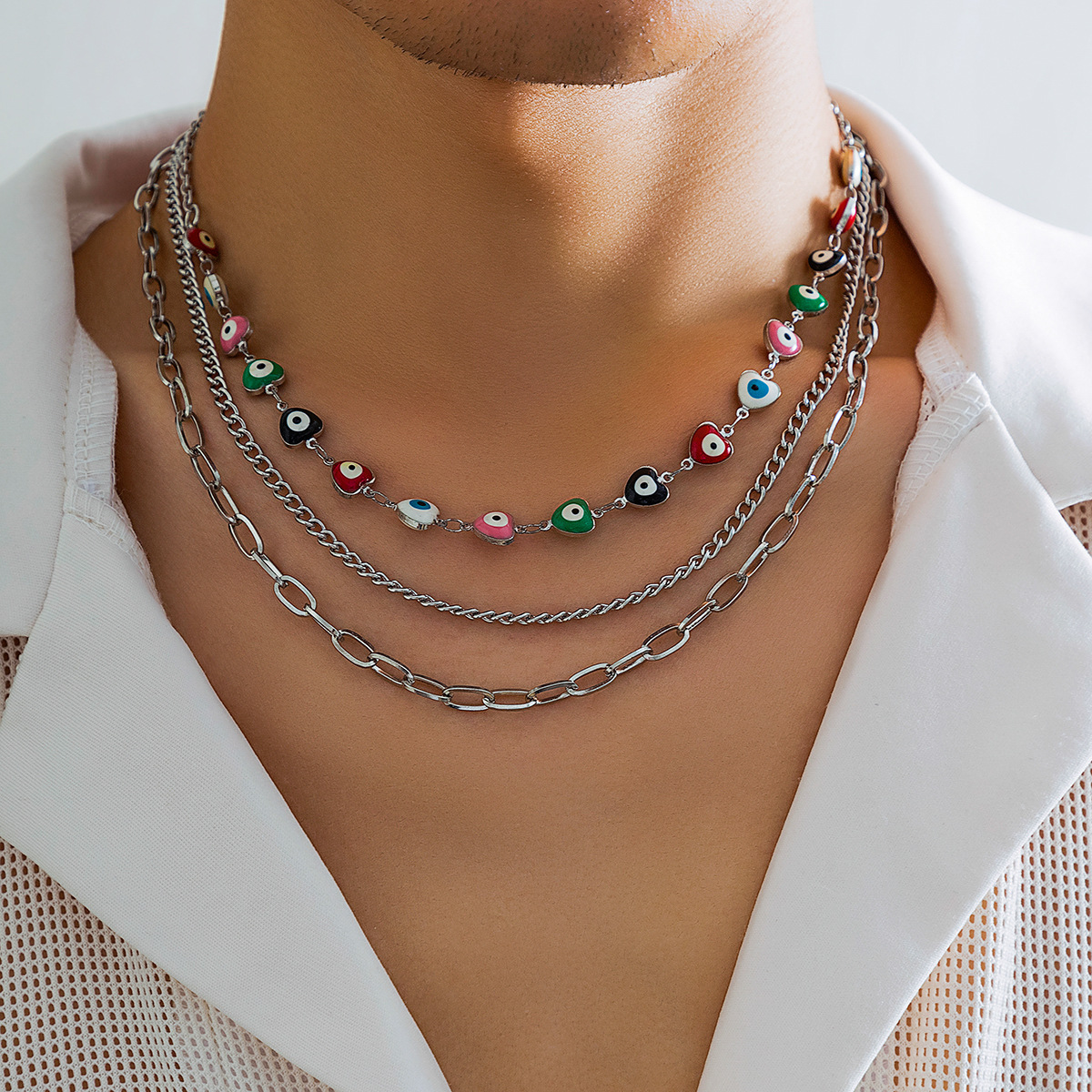 欧美跨境饰品 男士桃心滴油眼睛项链套装 个性百搭设计感叠戴颈链