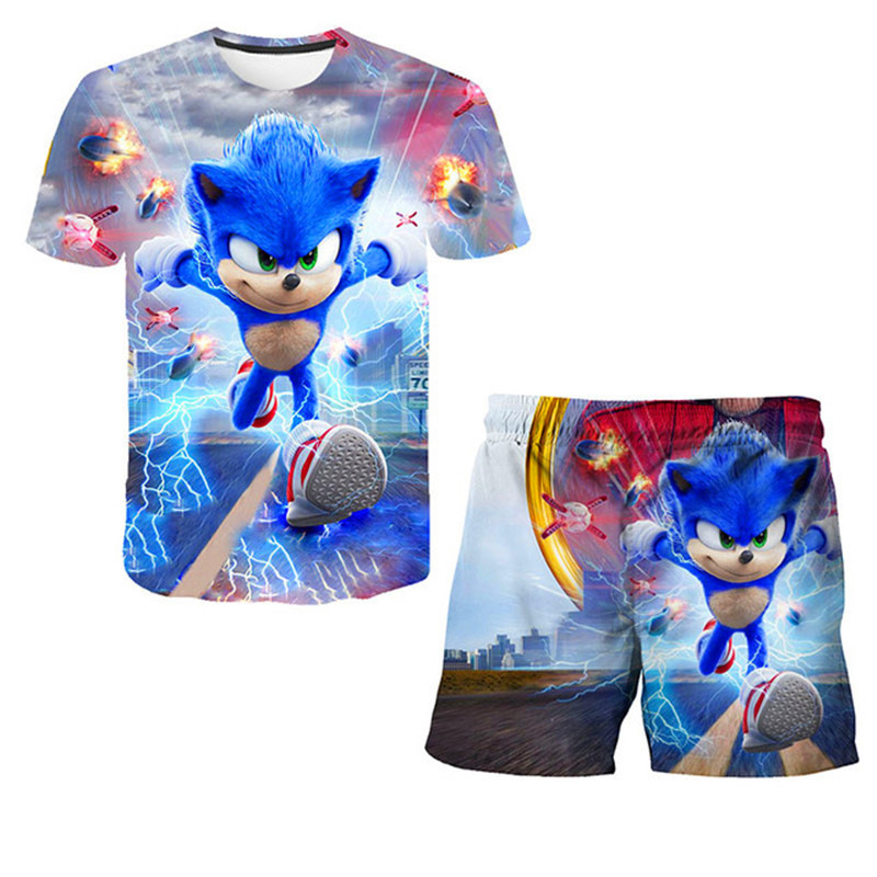 跨境直供索尼克3d印花儿童夏季短袖T恤 Sonic童装圆领衣服可DIY