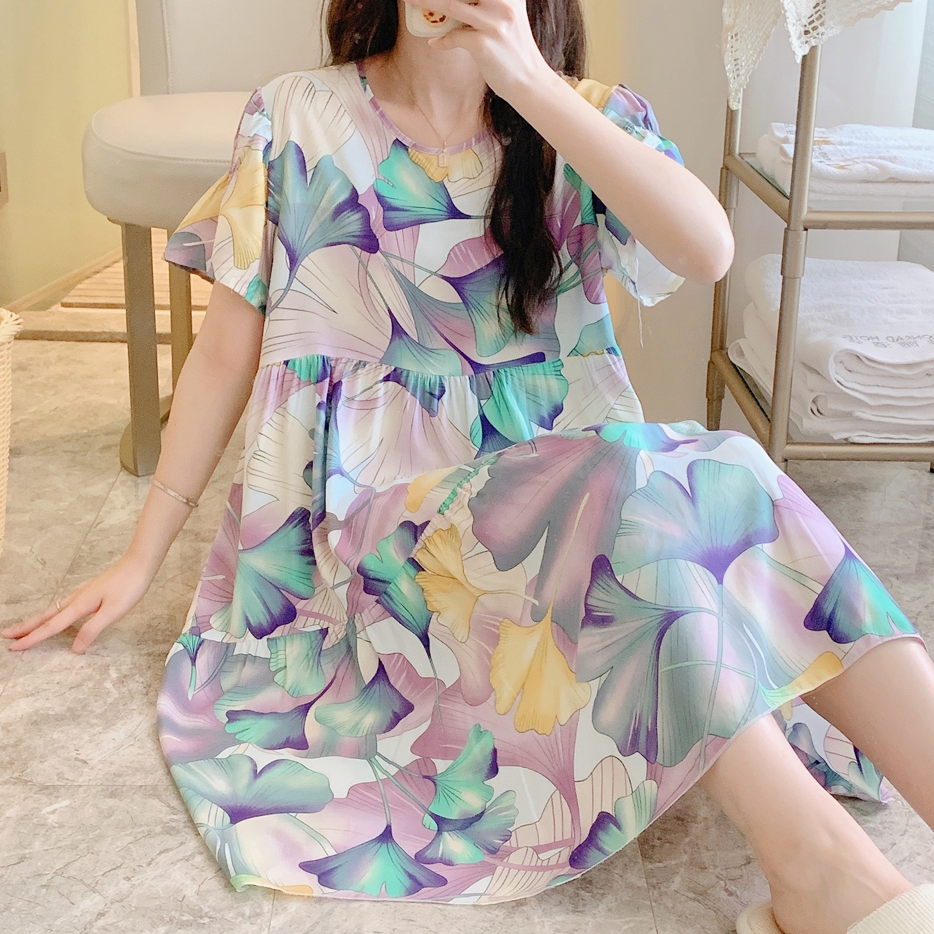 睡裙女士夏季短袖睡衣棉绸公主风中长款宽松连衣裙家居服可外穿