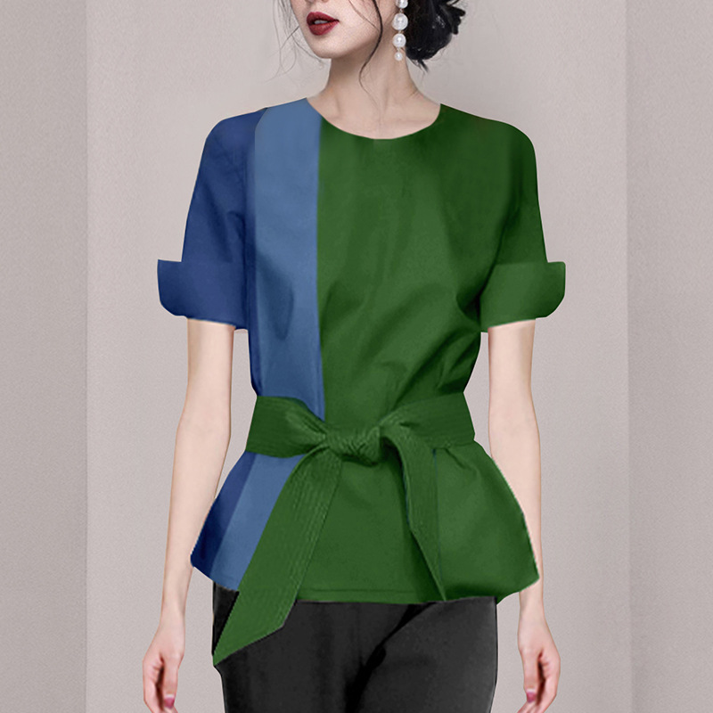 跨境女装2022新款设计感气质小众收腰衬衫蓝绿撞色短袖衬衣