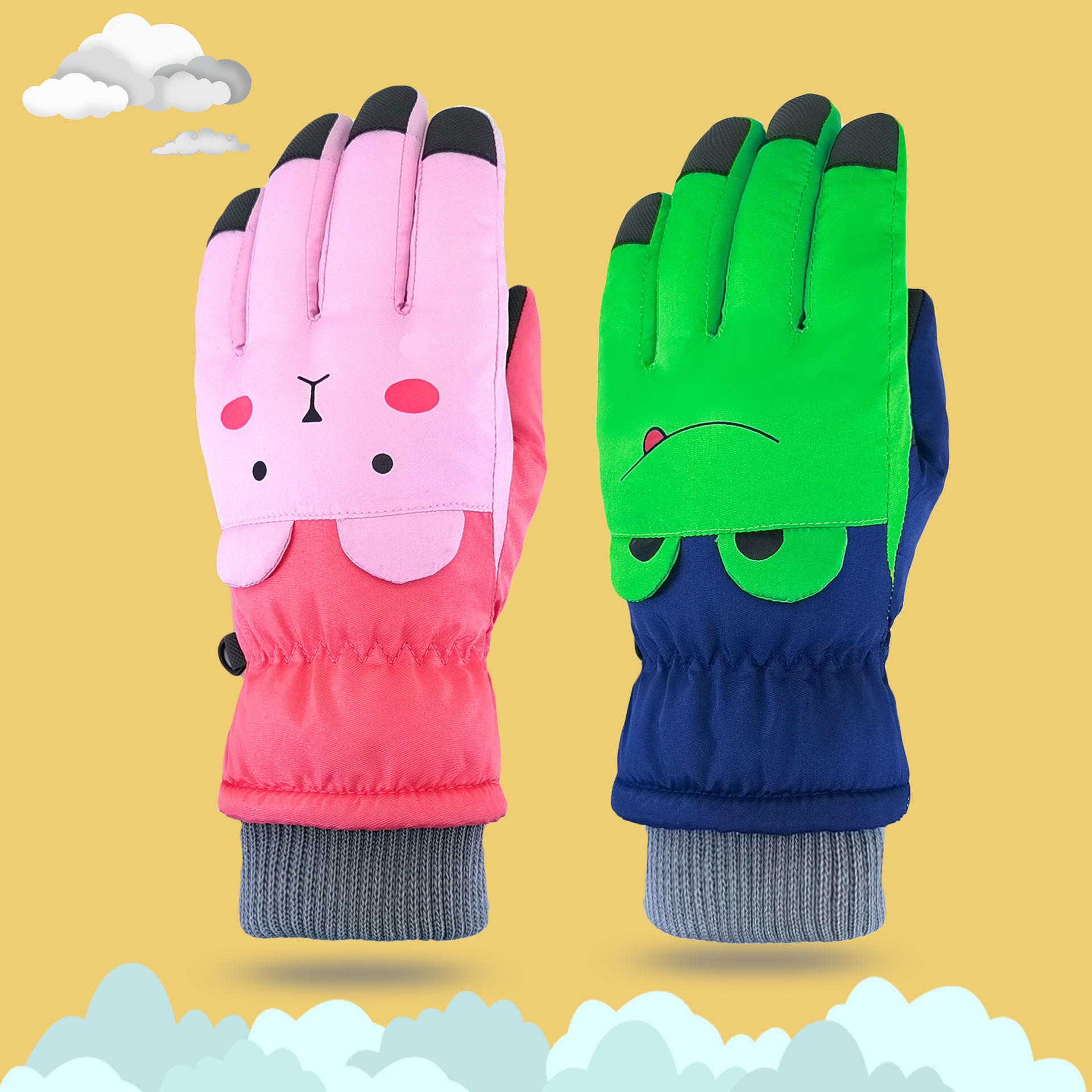 卡通儿童滑雪手套冬季保暖加绒加厚防风防渗水可爱男女中童五指棉