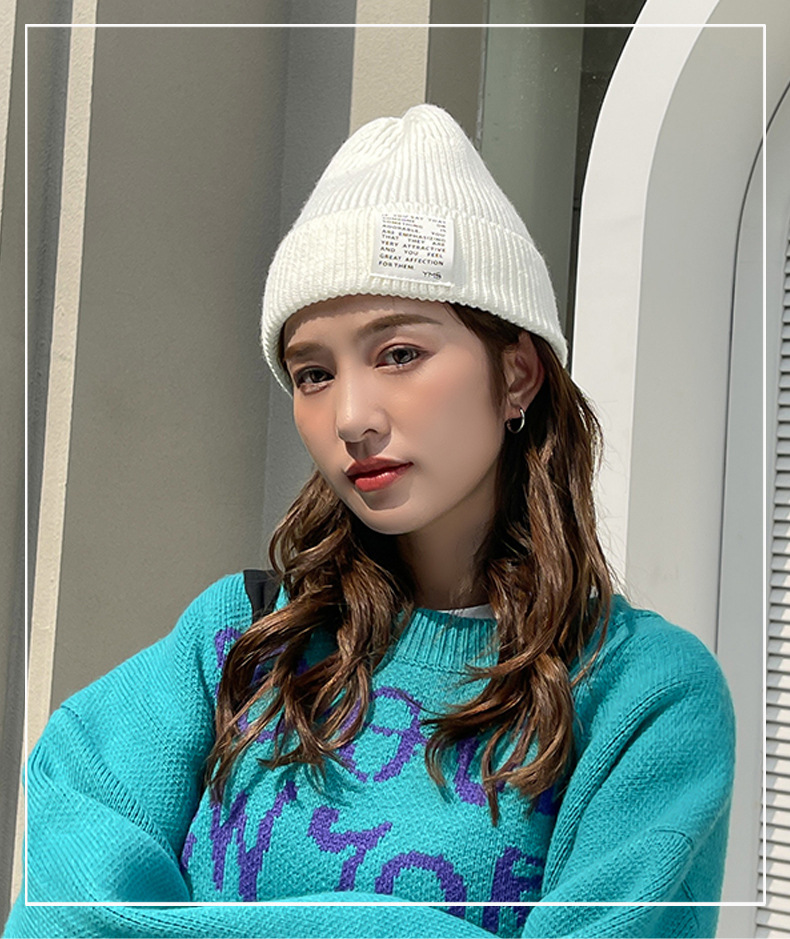 2021韩版冬季爆款帽子女日系ins贴标尖顶帽针织毛线帽春秋保暖帽