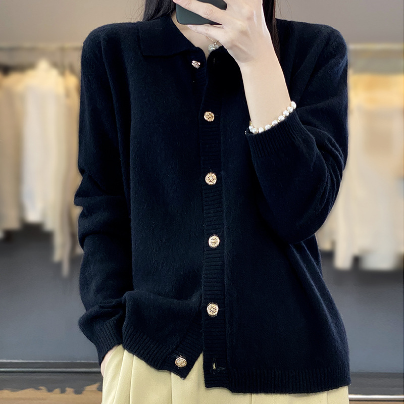 2024新款假两件羊毛开衫女撞色圆领宽松针织衫毛衣外搭羊毛衫外套