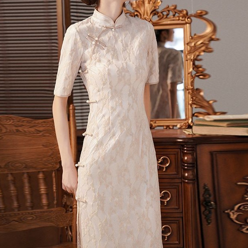 旗袍长袖日常可穿春季民国少女气质款复古中长款改良版蕾丝连衣裙