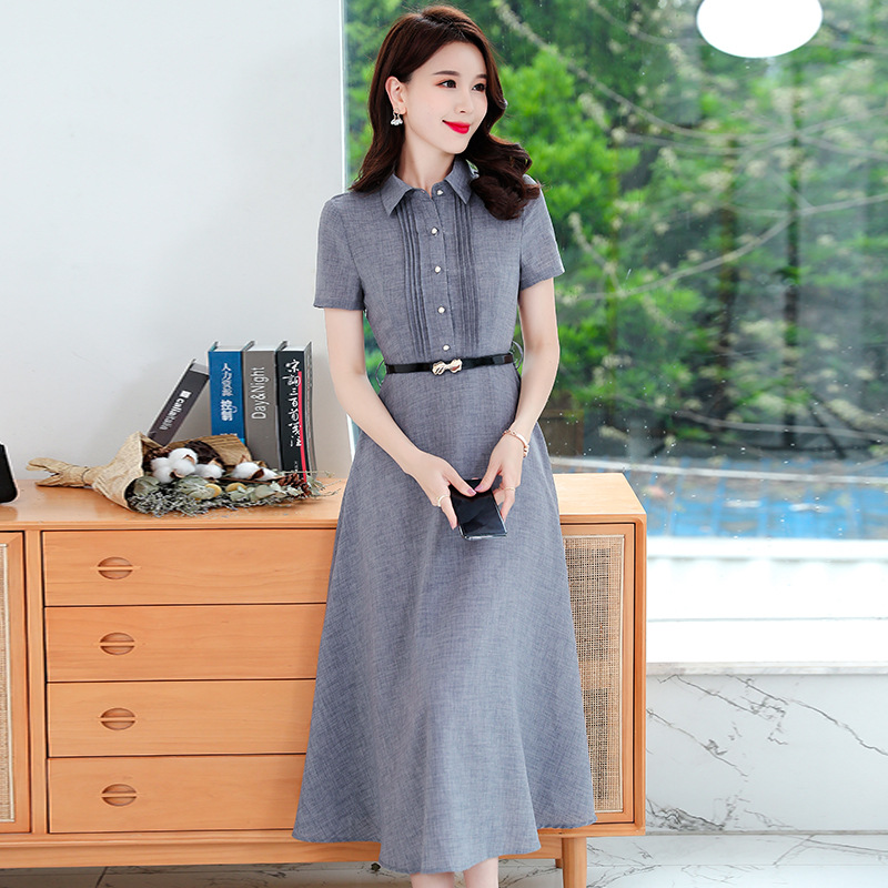 实拍2024夏装新款韩版修身显瘦中长款女装短袖棉麻连衣裙-阿里巴巴