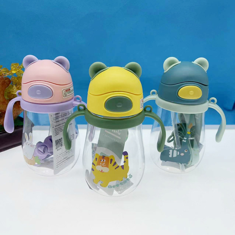 Factory Wholesale Children's Plastic Cup Handle Strap Baby Drink Learning Cup Pc Plastic Baby Straw Cup