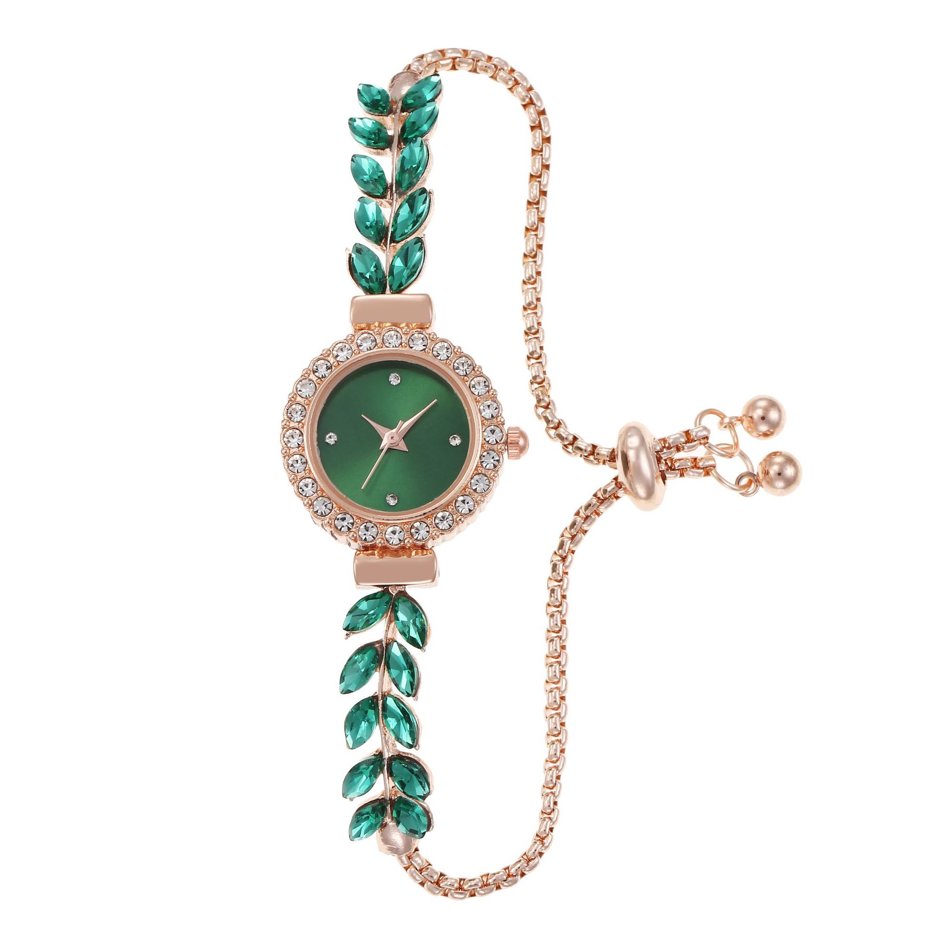 New Fashion Green Leaf Thin Band Diamond round Women's Watch Free Adjustment Bracelet Watch Women's Quartz Watch Wholesale