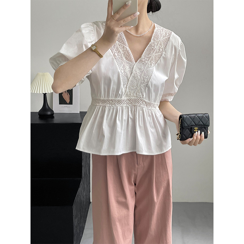 Taochuan [White Moonlight Shirt] Gentle Lace Stitching Shirt Women's Korean Style Hollow Thin Waist-Controlled Top 2258