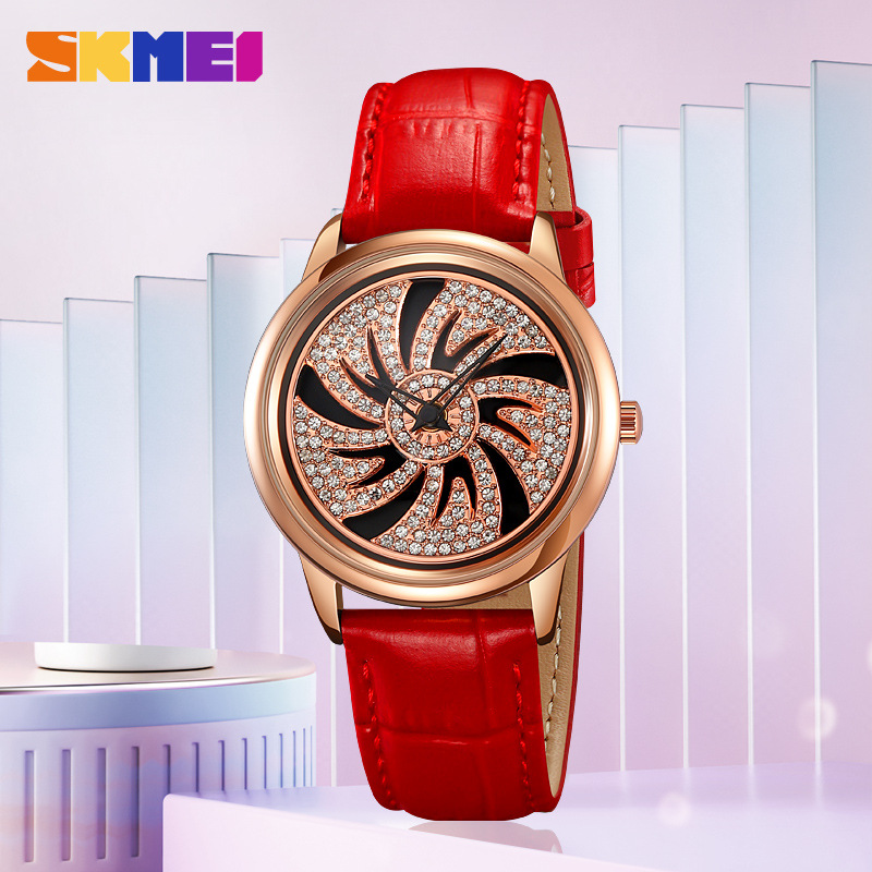 skmei时刻美旋转镶钻表盘女士精美腕表时尚真皮个性设计ins风手表