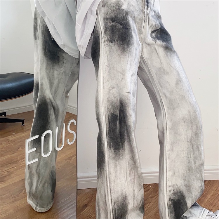   Neutral Design Splash-Ink Tie-Dyed Jeans Women's Spring New High Waist Slimming Drape Wide-eg Straight Trousers Trendy