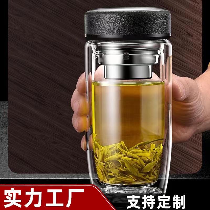 玻璃杯双层加厚办公商务泡茶杯便携车载家用杯子鹅蛋