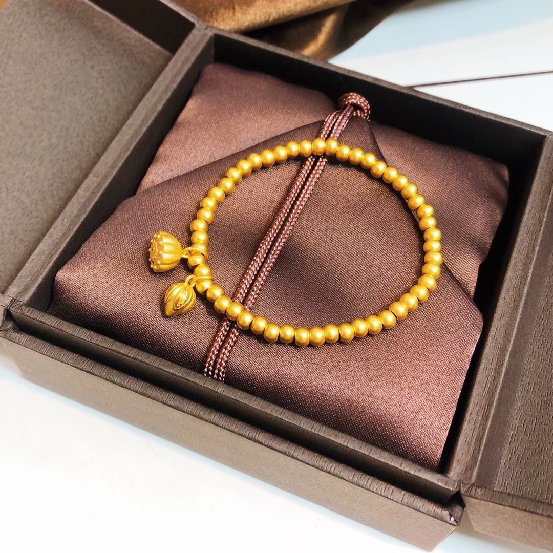 999足金古法金莲蓬莲花两世欢手链女  古法黄金珠手串 国风古风