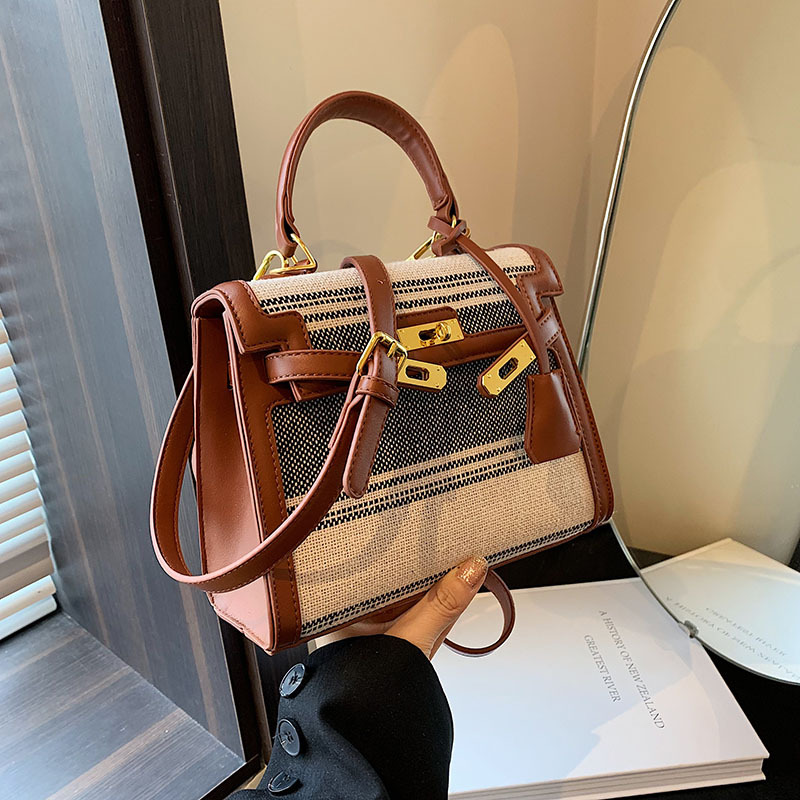 2024新款夏女士凯莉包洋气亚麻单肩外贸货源高品质拼色手提包包女