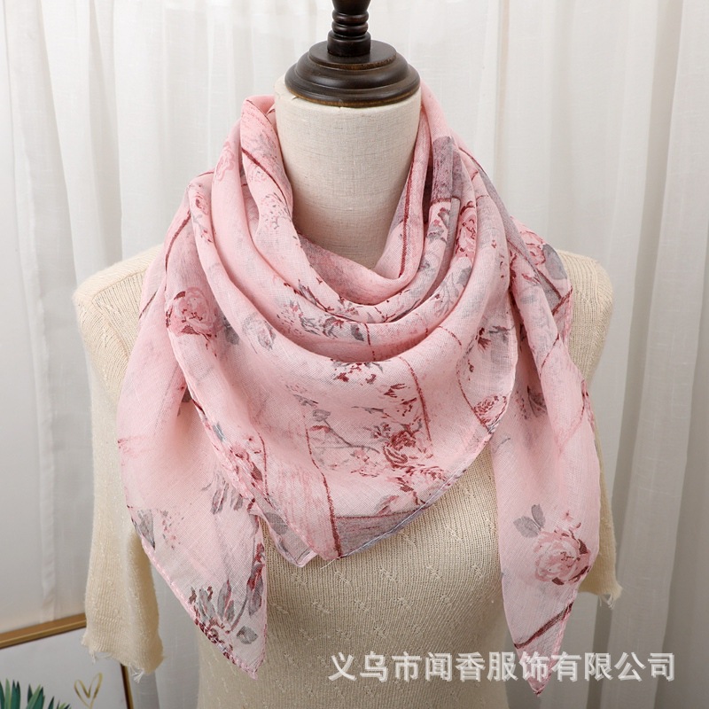 Spring, Autumn and Winter Thin Cotton and Linen Square Scarf 90x90 Printed Scarf Sun Block and Dustproof Headcloth Hui Ethnic Style Veil