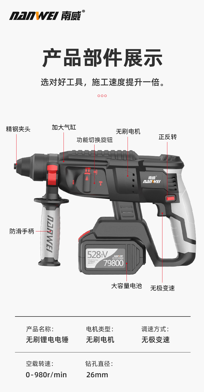 南威无刷充电式锂电电锤电镐冲击钻三用无线充电电锤工业冲击电钻