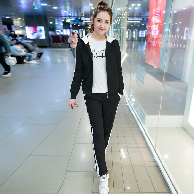 套装女时尚休闲套装新款春秋拼接连帽拼色开衫卫衣两件套女装213