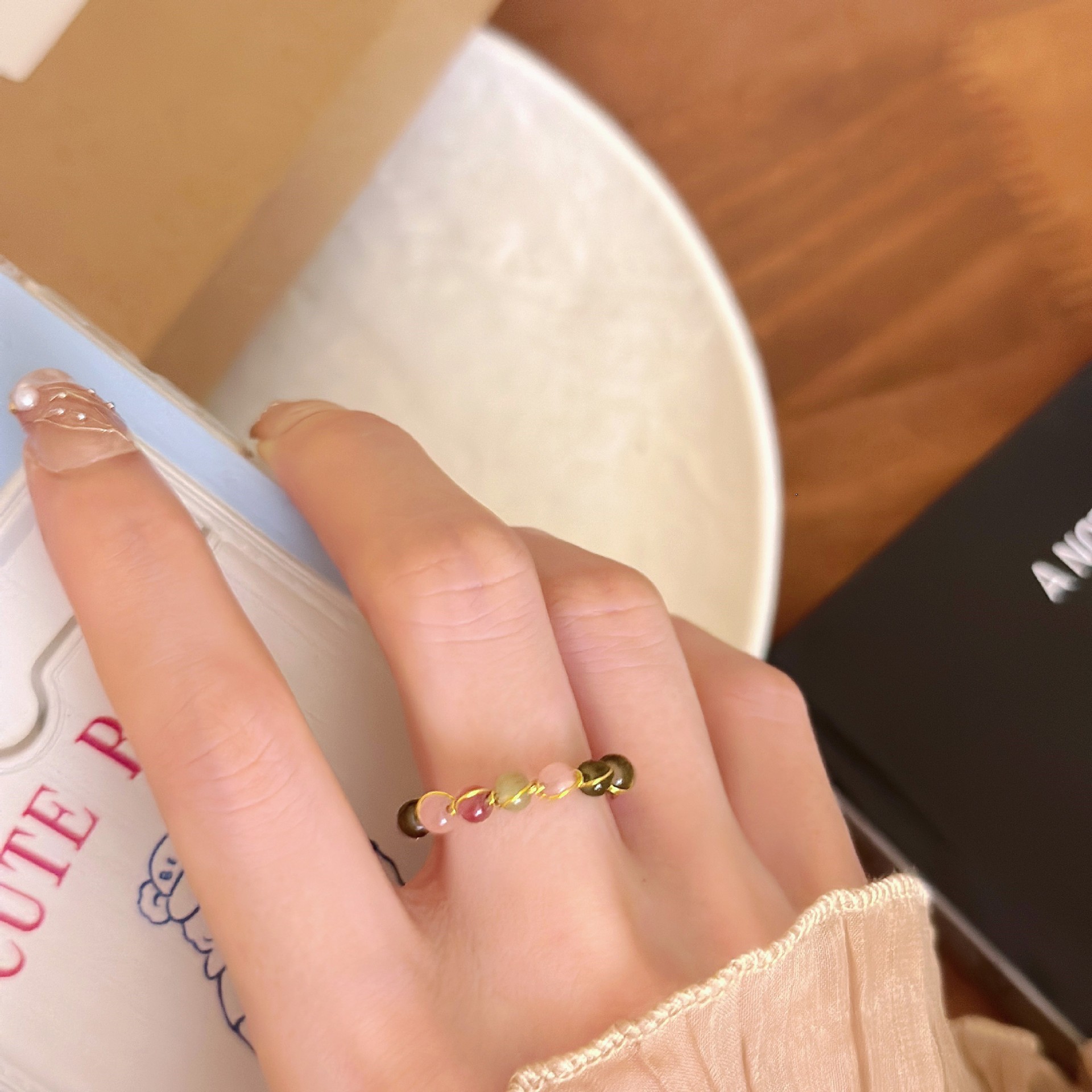 复古天然石碧玺开口戒指女轻奢小众设计高级感食指戒独特复古指环