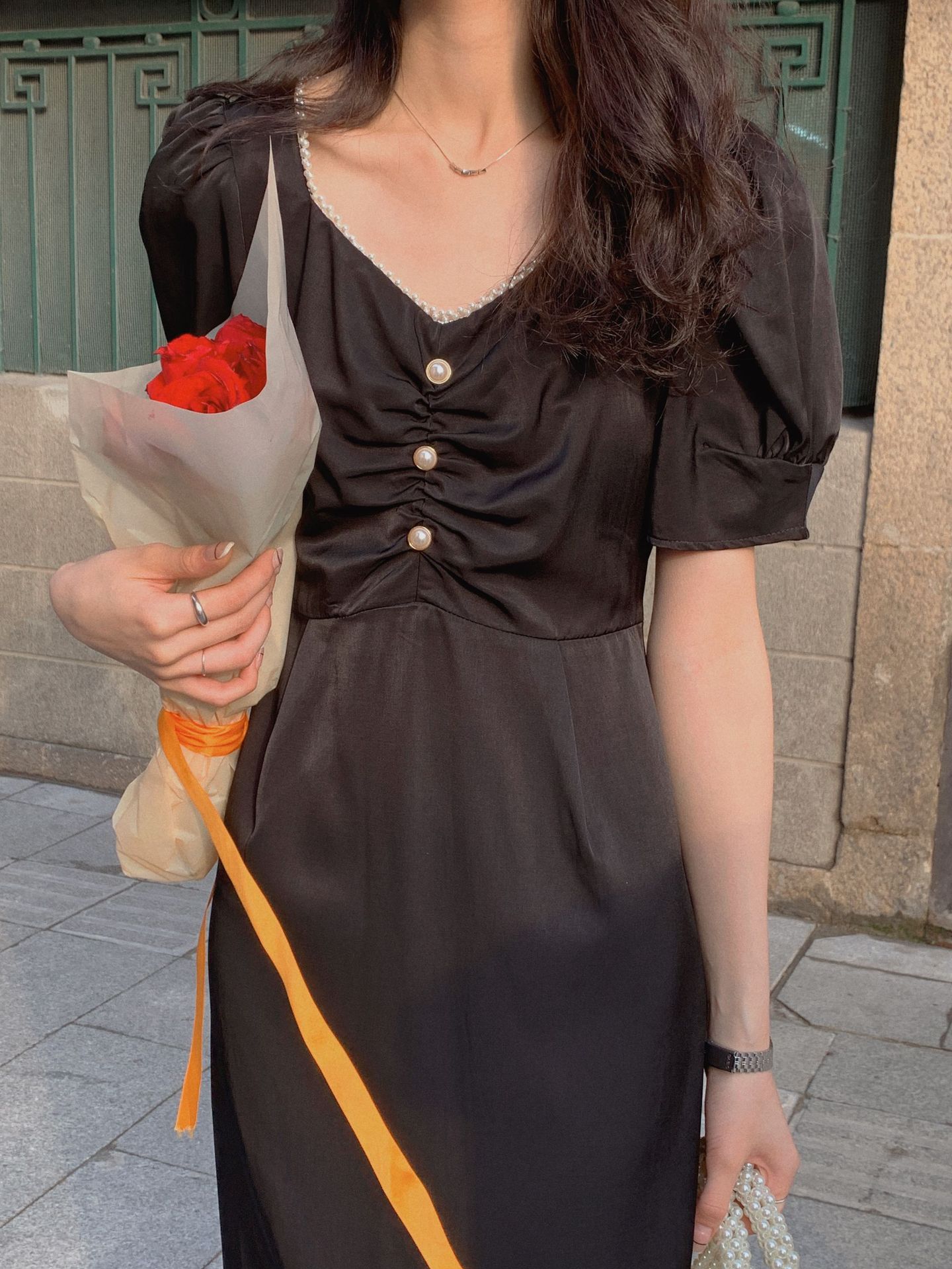 诠释美 new open森系显瘦高腰v领泡泡袖连衣裙2021夏气质仙女8662