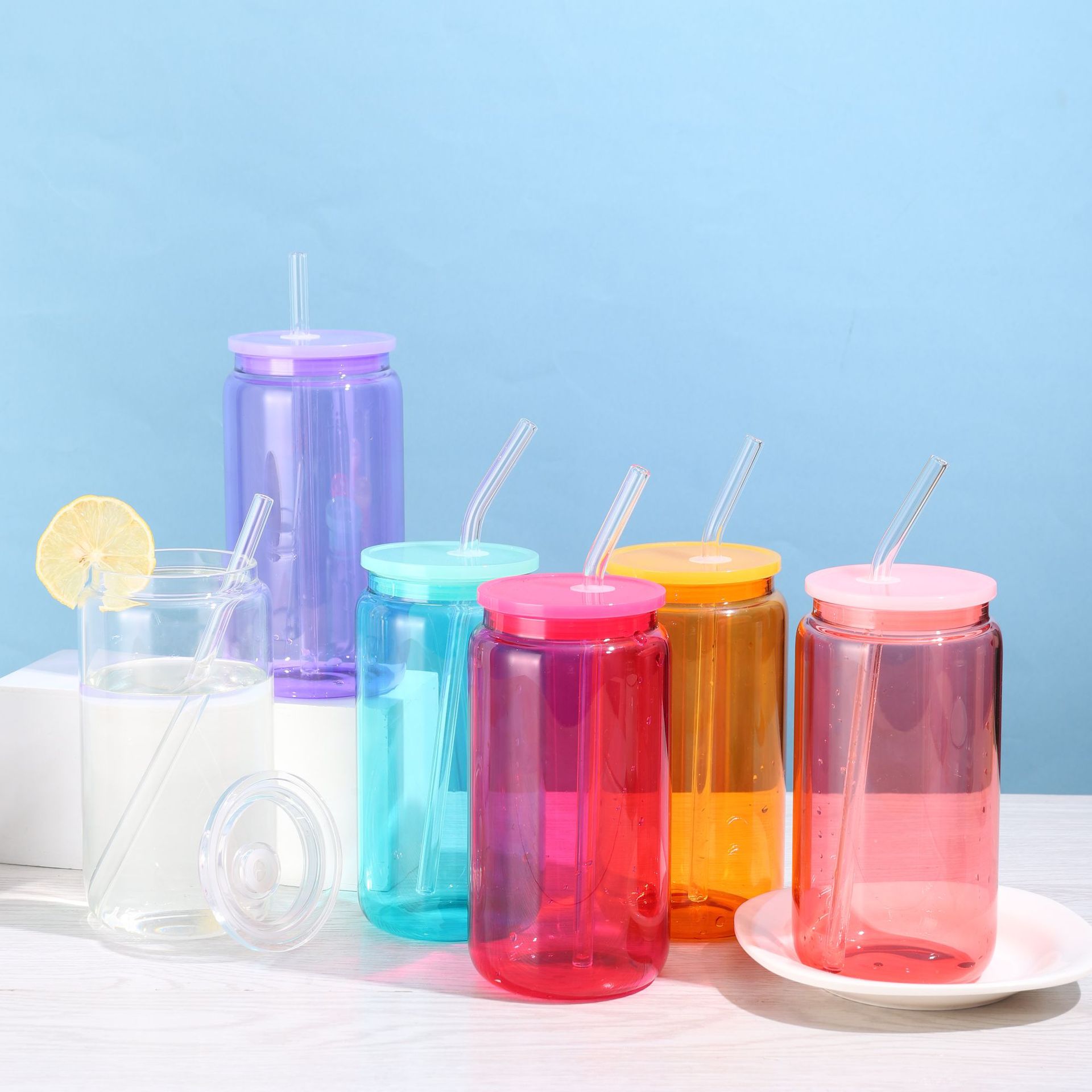 New 16Oz Color Sublimation Glass Coke Cup with Straw Glass Cover Single Layer Glass Juice Cup Mason Jar