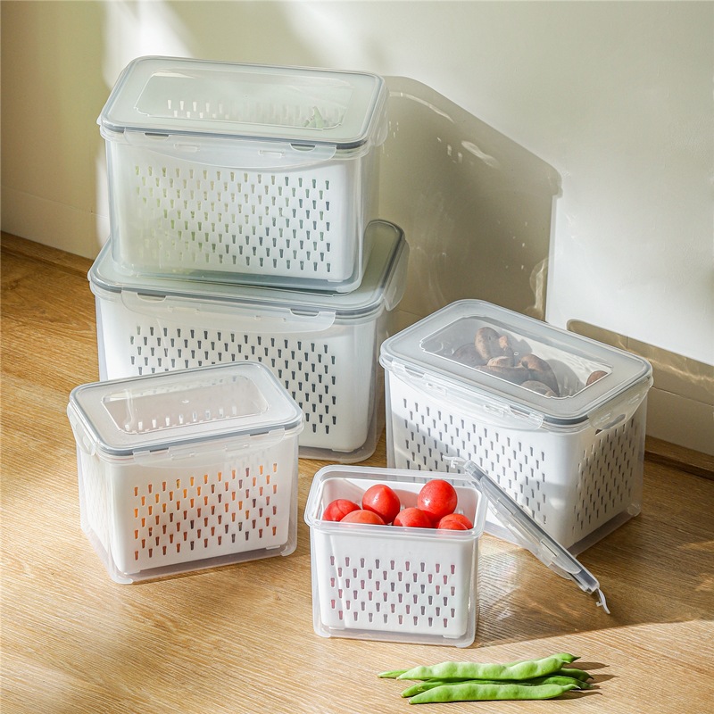 Japanese-Style Multi-Specification Food Grade Plastic Drain Basket Crisper Kitchen Food Frozen Sealed Box Refrigerator Storage Box