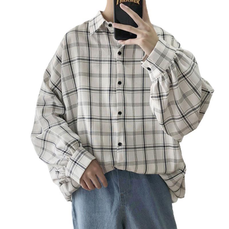 情侣oversize格子衬衫男长袖韩版潮流帅气春秋薄款外套很仙的衬衣