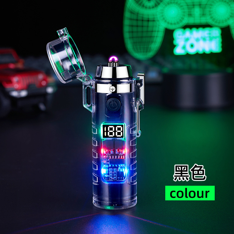 New Transparent Shell Charging Pulse Lighter Cylindrical Waterproof Arc with Flashlight Cigarette Lighter Cross-Border Supply