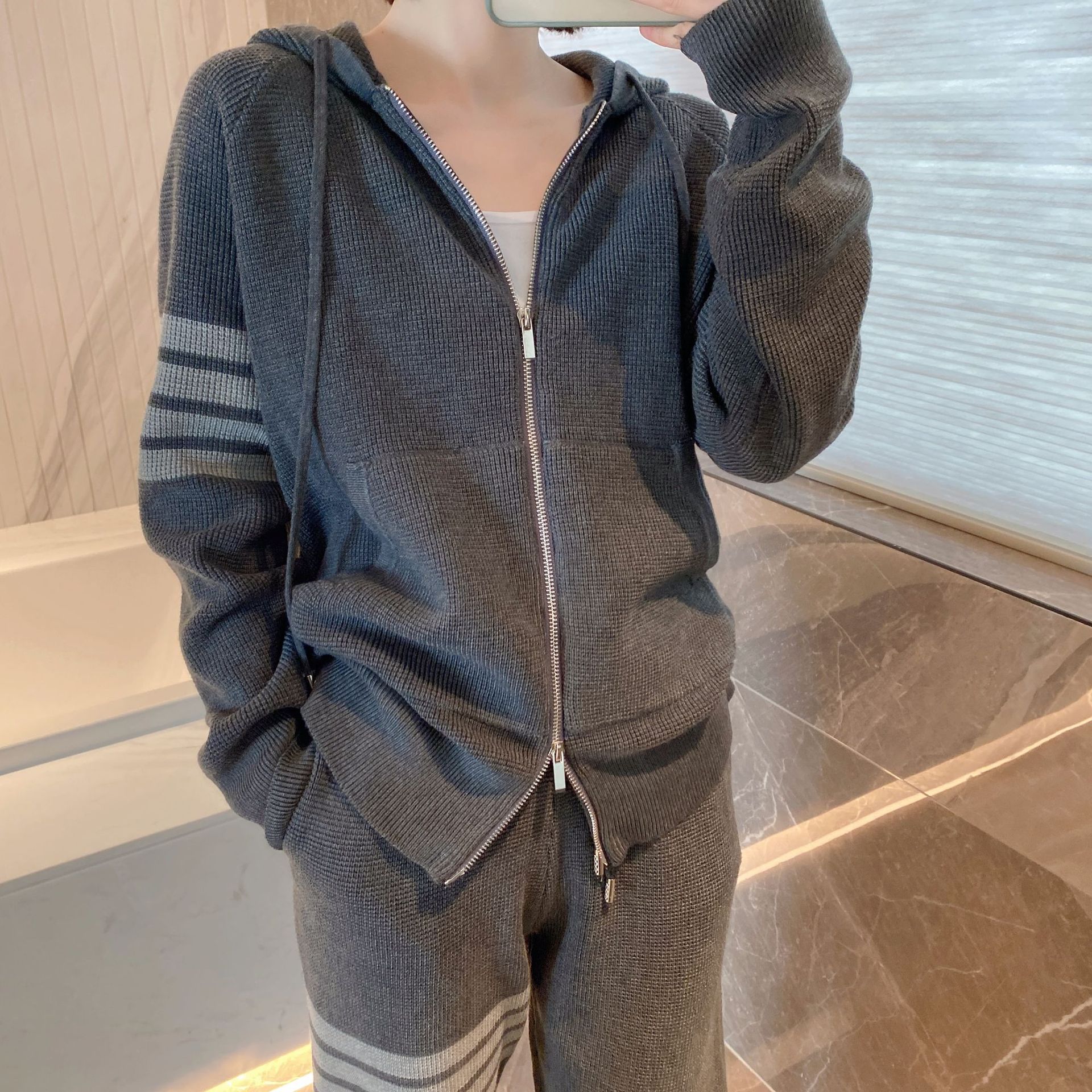 tb华夫格连帽卫衣女春秋冬韩版宽松情侣上衣潮牌开衫外套四道杠