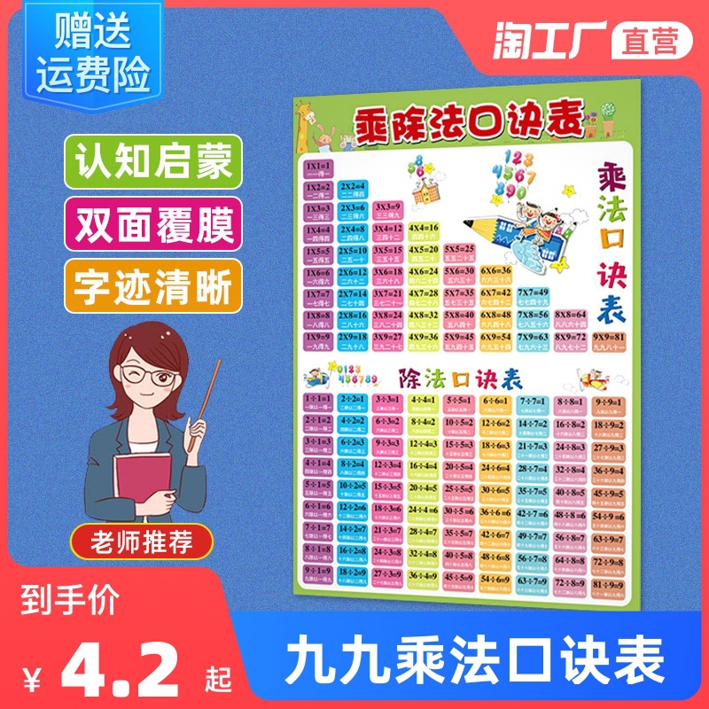 小学生大九九乘法口诀表背诵二年级数学99乘除法墙贴挂图教具